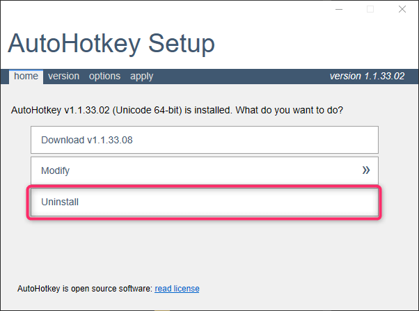 AutoHotkey アンインストール手順 Uninstallをクリック